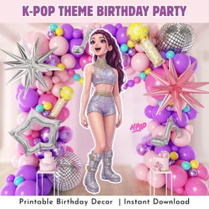 May include: A K-Pop themed birthday party decoration set. The image features a cartoon illustration of a girl in a sparkly outfit, surrounded by balloons in shades of pink, purple, and silver. Includes star and music note-shaped balloons, and the text "K-POP THEME BIRTHDAY PARTY".