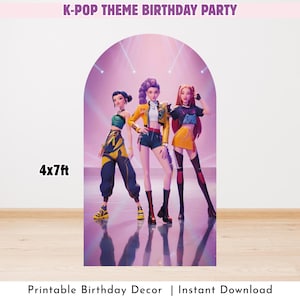 Kpop Demon Hunters Arch-bakgrund – Rosa scendekoration för födelsedag (digital nedladdning 10 x 2,1 meter)