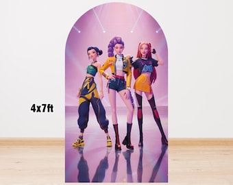 Fondo de arco de cazadores de demonios de Kpop – Decoración de escenario rosa para cumpleaños (descarga digital de 4 x 7 pies)