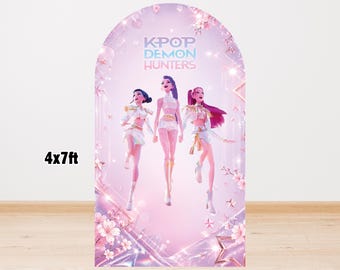 Sfondo per arco Kpop Demon Hunters – Decorazione rosa per compleanno a tema palco (download digitale 4 x 7 piedi)