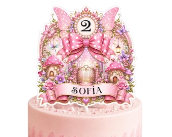 Decorazione per torta a tema giardino delle fate, farfalla rosa e funghi, personalizzabile con nome ed età (download digitale)