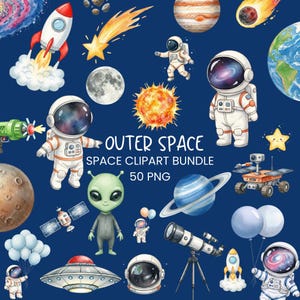 May include: A collection of watercolor space-themed clip art elements on a dark blue background. Includes astronauts, planets, rockets, a telescope, and the text "OUTER SPACE SPACE CLIPART BUNDLE 50 PNG".