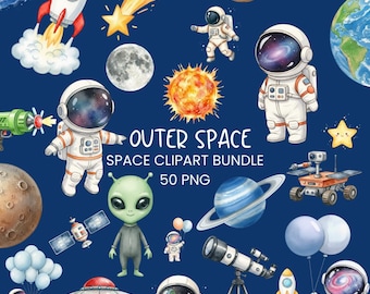Pacchetto di clipart spaziali – Pacchetto PNG di galassie ad acquerello – Astronauta, pianeti, razzo - Uso commerciale