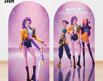Sfondo Kpop Demon Hunters Arch 2 – Decorazione di compleanno per ragazza sul palco rosa (90 x 180 cm, download immediato)