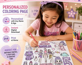 Pagina da colorare personalizzata a tema K-Pop per il compleanno / Nome ed età personalizzabili (download digitale)