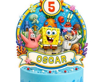 Decorazione per torta di compleanno di SpongeBob, personalizzabile con nome ed età, stampabile (download digitale)