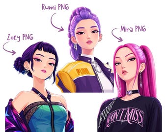 Kpop Demon Hunters Zoey Rumi Mira PNG stampabile, decorazioni per feste di compleanno Kpop, file digitale