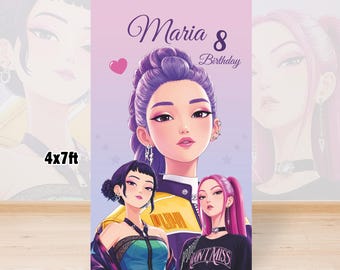 Sfondo personalizzato per compleanno a tema Kpop – Decorazione per festa a tema pop star rosa e viola (122 x 213 cm, file digitale)