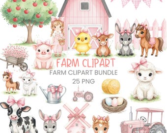 Farm Clipart Bundle – Pink Farm Animals  – Cow, Horse, Barn, Tractor – Baby Shower – Commercial Use