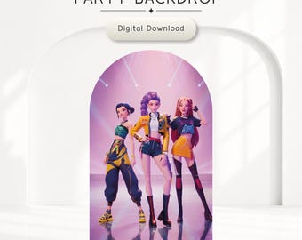 Fondo de arco de cazadores de demonios de Kpop – Decoración de escenario rosa para cumpleaños (descarga instantánea de 4 x 7 pies)