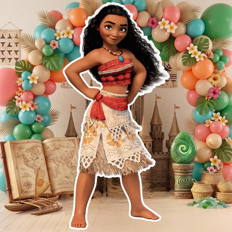 Puede incluir: Recorte de un personaje de dibujos animados de la pel&iacute;cula Moana, con un atuendo rojo y blanco. El fondo incluye un arco de globos en colores pastel, un mapa y un castillo decorativo.