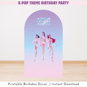 May include: A K-Pop themed birthday party decoration featuring three stylized female figures in white outfits. The background is a gradient of pink, blue, and purple. Text at the top reads "K-POP THEME BIRTHDAY PARTY". The words "KPOP DEMON HUNTERS" are also visible.