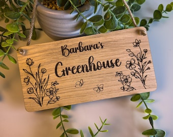 Personalised Wooden Greenhouse Sign, Custom Engraved Hanging Sign for Gardener, Birthday Gift for Her, Laser Engraved Sign for Greenhouse