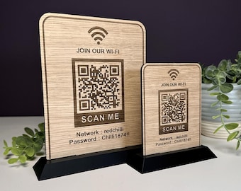 Wooden Freestanding QR Code Sign, Personalised Wifi Password Sign, Rustic Oak Engraved Table Stand, Custom Cafe Wedding Business Display