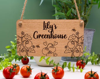 Personalised Wooden Greenhouse Sign with Tomatoes, Custom Engraved Hanging Sign for Gardener, Laser Engraved Sign for Greenhouse