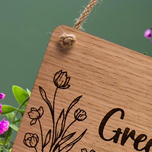 Personalised oak veneered greenhouse sign with custom engraved text. Rustic and elegant design, perfect for adding a personal touch to garden spaces, greenhouses, or potting sheds. Made from high-quality wood with a natural finish.