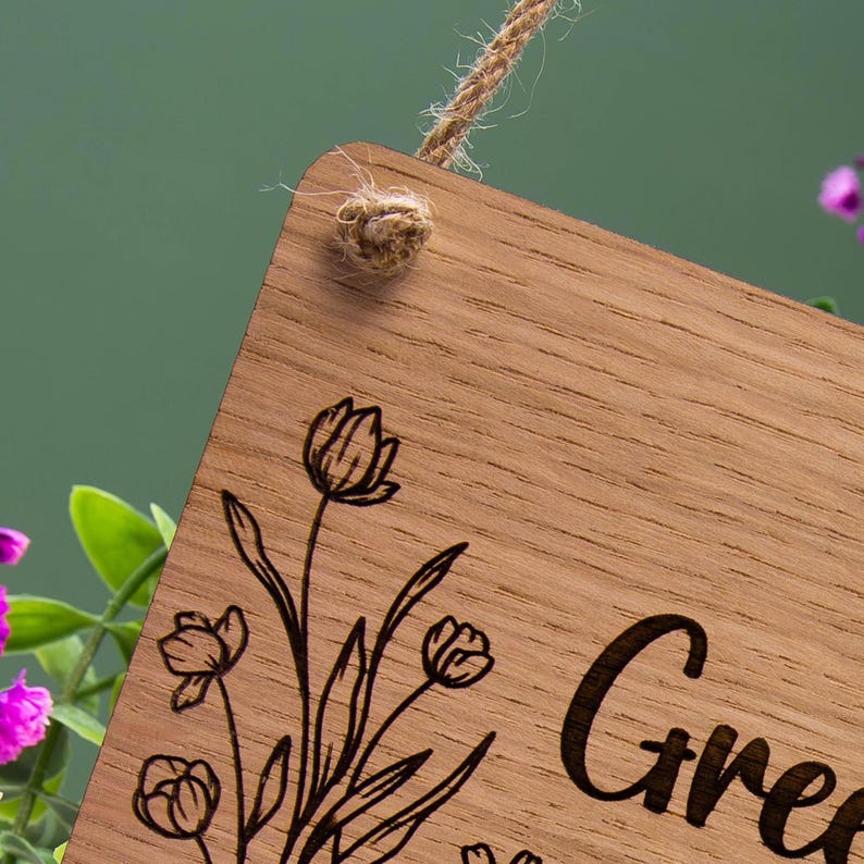 Personalised oak veneered greenhouse sign with custom engraved text. Rustic and elegant design, perfect for adding a personal touch to garden spaces, greenhouses, or potting sheds. Made from high-quality wood with a natural finish.