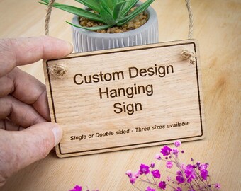 Personalised Hanging Sign, Custom Laser Engraved Wooden Oak Plaque, Bespoke Business Signage, Shop Door Notice, Salon Studio Office Decor
