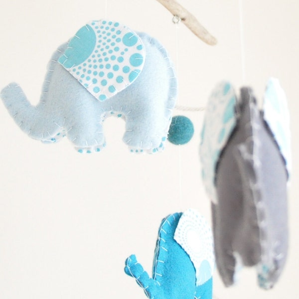Hanging elephants in blue and grey great for baby boy nursery, ready to ship