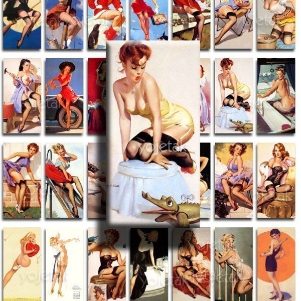 Pin Ups - Instant Download - 1x2 inch Domino Size Image Tiles, Digital Collage Sheet PDF Images