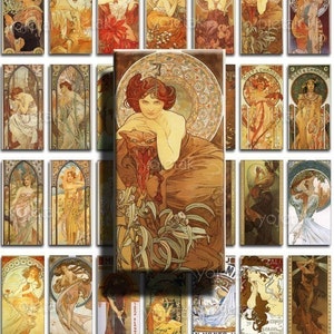 Alphonse Mucha - Instant Download - 1x2 inch Domino Size Image Tiles, Digital Collage Sheet PDF Images