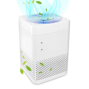 May include: A white air purifier with a blue light and a grid pattern on the front. The air purifier is surrounded by green leaves.