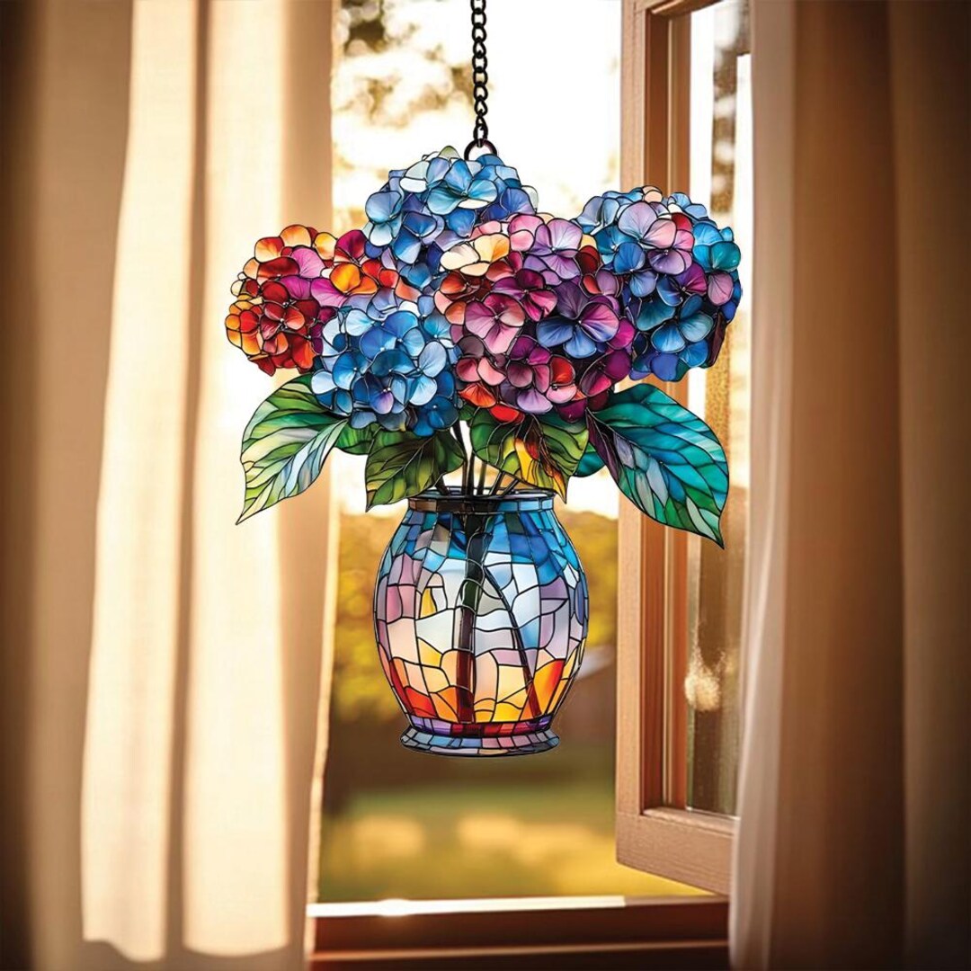 Hydrangea Window Display Hydrangeas Bouquet Acrylic Window Hanging, Floral Faux Glass Suncatcher ...