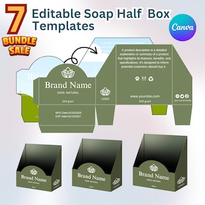 May include: An image showcasing seven editable soap half-box templates. The design features a green and white color scheme with the text "Brand Name" and "100% Natural". The boxes are designed to hold 100 grams of soap.