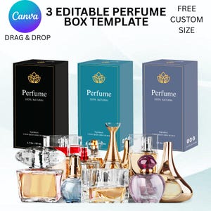 May include: An image showcasing three perfume box templates in black, teal, and blue. Each box features the word "Perfume" and "100% NATURAL". The image also displays various perfume bottles. Text includes "3 EDITABLE PERFUME BOX TEMPLATE" and "FREE CUSTOM SIZE".