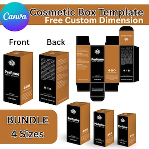 Könnte beinhalten: Kosmetikbox-Vorlage mit braunem und schwarzem Design. Die Boxen sind mit "Perfume 100% Natural" beschriftet und enthalten den Text "BUNDLE 4 Sizes". Das Bild zeigt die Vorderseite, die Rückseite und eine flache Vorlage der Box.