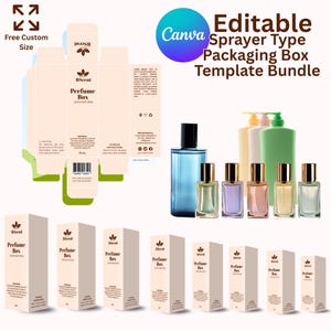 Plantilla editable de caja de empaque para marca, plantilla de diseño de empaque de cosméticos en Canva, plantillas personalizadas de cajas de perfumes y colonias.