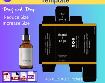 Editable Dropper Bottle Box template for Canva, Luxury Cosmetic Packaging Templates, Custom Product Box Template, DIY Skincare Packaging Box