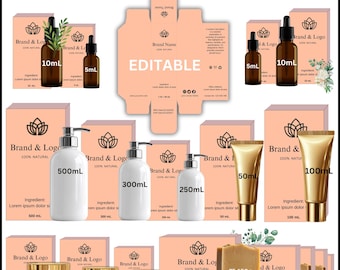 May include: A set of cosmetic packaging box templates in pink and white with editable text. The templates include boxes for various sizes of bottles, jars, tubes, and bars of soap. The templates are labeled with the text "Brand & Logo" and "100% Natural".