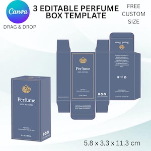 May include: A blue perfume box template with gold accents, featuring the text "Perfume 100% Natural." The design includes a box mockup and a flat template. The dimensions are 5.8 x 3.3 x 11.3 cm, or approximately 2.3 x 1.3 x 4.4 inches.