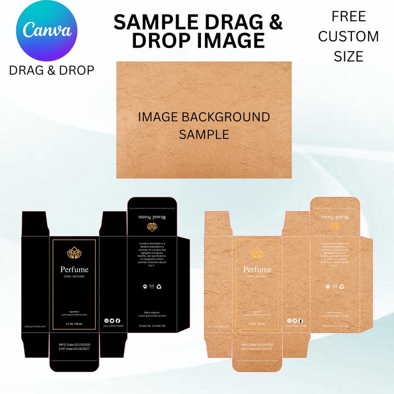 May include: An image showcasing perfume packaging design templates. The designs include a black box with gold accents and a kraft paper box. Text includes "Perfume", "100% Natural", and "Brand Name". The image also contains the text "SAMPLE DRAG & DROP IMAGE".
