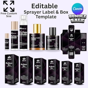 Può includere: Immagine di un modello di etichetta e scatola di profumo. Il design presenta varie bottiglie di profumo con tappi dorati e argentati e scatole nere con accenti viola. Il testo include "Modello di etichetta e scatola spray modificabile" e "Vendita in bundle."