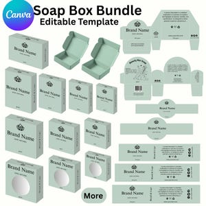 May include: A selection of light green soap box templates featuring the text "Brand Name" and "100% Natural". The image showcases diverse box designs, including open and closed boxes, and packaging labels. The words "Soap Box Bundle" and "Editable Template" are also visible.