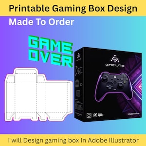 May include: A printable gaming box design template with a black and purple gamepad illustration. The template is for a box with a top flap and two side flaps. The text "GAME OVER" is in large green letters. The text "GAFIUTE" is in white letters on a black background. The text "zpo" is in white letters on a black background. The text "helgbood.ce" is in white letters on a black background.