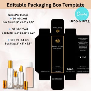 Modelo de caixa de embalagem de produto editável para branding, modelo de design de embalagem de cosméticos no Canva, modelos de caixa de perfume e colônia personalizados