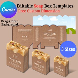 May include: An image showcasing editable soap box templates with the text "Editable Soap Box Templates" and "Free Custom Dimension". The image features three soap bars in brown boxes, each labeled "Soap Bar 100% Natural". A blue circle reads "3 Sizes".