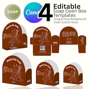 Puede incluir: Imagen que muestra cuatro plantillas editables de cajas abiertas para jabón con fondo de arrastrar y soltar y tamaños personalizados gratuitos. Las cajas son marrones con detalles en blanco y el texto "Beauty Bar Soap". También se ve una pastilla de jabón verde.
