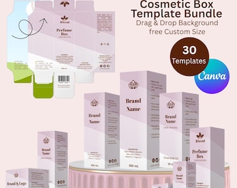 Diseño de caja de cosméticos premium, plantilla editable para Canva, paquete de cajas de cuidado de la piel personalizadas, cajas imprimibles para productos de belleza.