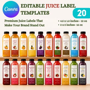 Puede incluir: Un conjunto de 20 plantillas de etiquetas de jugo editables para Canva. La imagen muestra varias botellas de jugo con etiquetas que presentan ilustraciones de frutas y texto como Orange Juice, Apple Juice y Mango Juice. Las dimensiones indicadas son 11,43 x 3,81 cm para 355 ml y 5,08 x 12,7 cm para 473 ml.