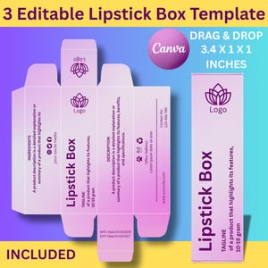 以下が含まれることがあります： ピンクとパープルの口紅箱のテンプレートで、前面に「Lipstick Box」と「TAGLINE of a product that highlights its features, 10-15 gram」のテキストが書かれています。箱のサイズは8.6 cm x 2.5 cm x 2.5 cmです。