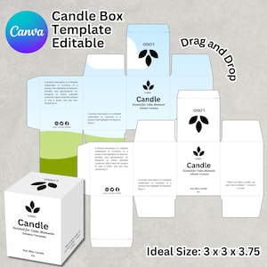 Könnte beinhalten: Eine weiße Kerzenbox-Vorlage mit schwarzem Logo und Text, der „Candle Scented for Calm Moments“ lautet. Die Box ist 7,6 x 7,6 x 9,5 cm groß. Das Design beinhaltet ein Layout für die Box und ein 3D-Rendering der zusammengebauten Box.