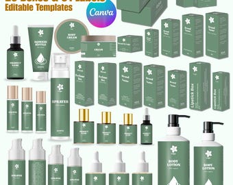 Editable Cosmetic Packaging Box Templates for Canva, Custom Product Box & Label Design, Luxury Skincare Box and Label Template, Branding Box