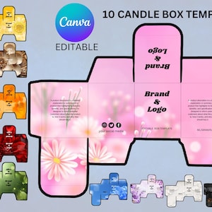Pode incluir: Um modelo de caixa de vela rosa e branca com um design floral. A caixa é editável e inclui espaço para um nome de marca e um logotipo. O texto "Brand & Logo" está impresso na caixa. O texto "Editable Box Template" também está impresso na caixa. O texto "Your Social Media" está impresso na caixa. O texto "MUGRAML" está impresso na caixa.