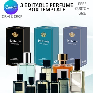 May include: An image showcasing three perfume box templates with the text "3 EDITABLE PERFUME BOX TEMPLATE" and "FREE CUSTOM SIZE". The boxes are black, teal, and blue, each with a gold floral design and the word "Perfume". Several perfume bottles are displayed in front of the boxes.