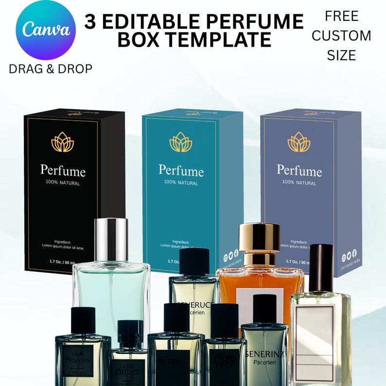 May include: An image showcasing three perfume box templates with the text "3 EDITABLE PERFUME BOX TEMPLATE" and "FREE CUSTOM SIZE". The boxes are black, teal, and blue, each with a gold floral design and the word "Perfume". Several perfume bottles are displayed in front of the boxes.
