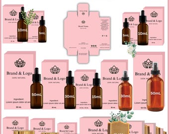 May include: A set of pink cosmetic packaging box templates with different sizes and designs. The templates feature a black lotus flower logo and the text "Brand & Logo" and "100% Natural". The templates are for bottles and jars with different sizes, including 5mL, 10mL, 15mL, 30mL, and 50mL.